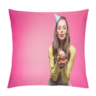 Personality  Attractive Woman With Party Hat Holding Cupcake And Blowing Out Candle Isolated On Pink Pillow Covers