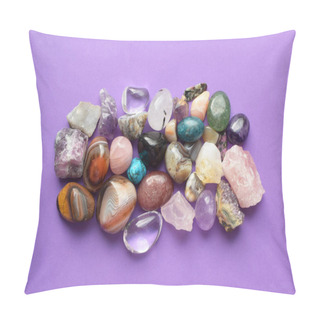 Personality  Gems Of Various Colors. Amethyst, Rose Quartz, Agate, Apatite, Aventurine, Olivine, Turquoise, Aquamarine, Rock Crystal On Purple Background Pillow Covers