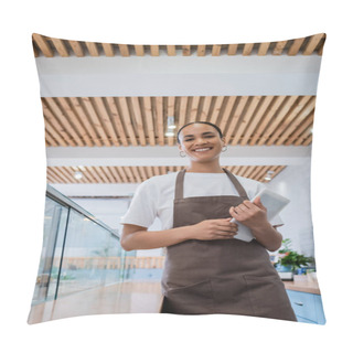 Personality  Low Angle View Of Cheerful African American Seller Holding Digital Tablet Near Showcase In Confectionery  Pillow Covers