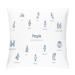Personality  People Concept 14 Colorful Outline Icons. 2 Color Blue Stroke Ic Pillow Covers