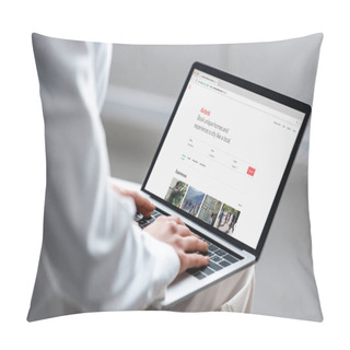 Personality  Cropped View Of Woman Using Laptop With Airbnb Website On Screen Pillow Covers