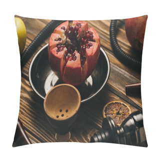 Personality  Hookah, Garnets, Apple And Dried Cut Oranges On Wooden Surface Pillow Covers