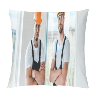 Personality  Panoramic Shot Of Handsome Handymen Standing With Crossed Arms  Pillow Covers