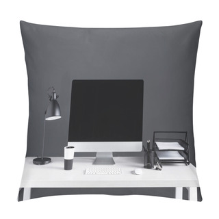 Personality  Modern Desktop Computer With Blank Screen With Keyboard And Computer Mouse At Workplace  Pillow Covers