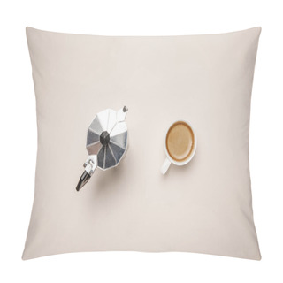 Personality  Top View Of Metal Coffee Pot And Delicious Coffee In Cup On Beige Background Pillow Covers