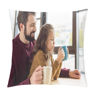 Personality  Adorable Daughter Sitting On Father Knees And Holding Cup Of Cacao With Marshmallow  Pillow Covers