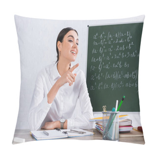 Personality  Teacher Pointing With Finger Near Notebooks And Blurred Chalk  Pillow Covers