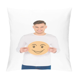 Personality  Handsome Man Holding Round Yellow Card With Cunning Face Expression Isolated On White Pillow Covers