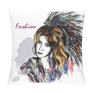 Personality  Beautiful Dreamy Longhaired Girl Weared In Boho Style Clothers W Pillow Covers