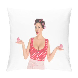 Personality  Emotional Plus Size Woman With Pink Cream Cupcakes Isolated On White Pillow Covers