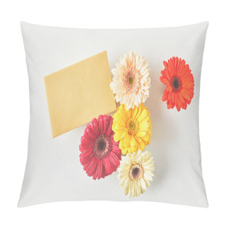 Personality  Top View Of Blank Card And Beautiful Gerbera Flowers On Grey  Pillow Covers