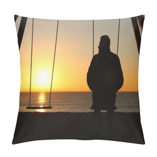Personality  Back View Backlighting Silhouette Of A Man Alone On A Swing Looking At Empty Seat At Sunset On The Beach In Winter Pillow Covers