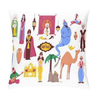 Personality  Oriental Fairy Tales Flat Set Of Fairytale Heroes In Ethnic Suits Old Wise Man Bedouin Camel Genie Magic Lamp Isolated Vector Illustration Pillow Covers