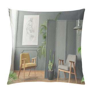 Personality  Two Chairs Standing On A Wooden Floor In A Grey Room Interior Next To A Screen And Plants Around Them Pillow Covers