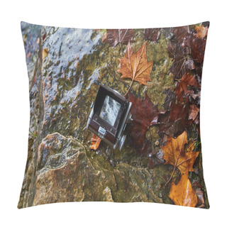 Personality  Vintage Film Camera On Wet Rocks Amidst Autumn Leaves At Cataract Falls, Indiana, Capturing Timeless Outdoor Adventure In 2017. Pillow Covers
