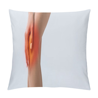 Personality  Panoramic Shot Of Sportswoman With Knee Pain Isolated On Grey Pillow Covers