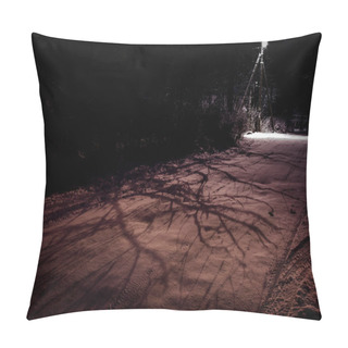 Personality  Creepy Night Dark Lansdcape. Shadows Of The Branches On The Road, Lightened By Mystic Lamppost Pillow Covers