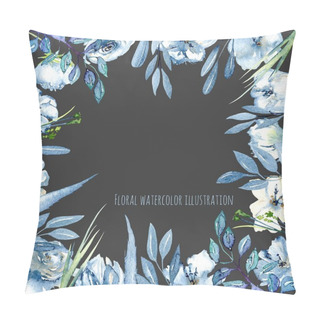 Personality  Frame Border With Simple Watercolor Blue Roses And Wildflowers, Leaves And Grass, Hand Painted On A Dark Background, Template Floral Design For Cards Pillow Covers