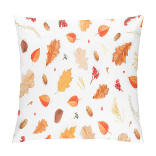 Personality  Autumn Composition. Pattern Made Of Autumn Leaves, Acorns, Berries On White Background. Flat Lay, Top View Pillow Covers