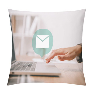 Personality  Cropped View Of Businesswoman Typing On Laptop At Workplace With Email Icon Pillow Covers