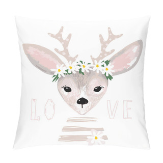 Personality  Poster With A Cute Deer With A Wreath Of Daisies On His Head. Delicate Postcard With A Deer, Clip-art For Design Of Nursery, Baby Shower. Vector Illustration Isolated On White Pillow Covers