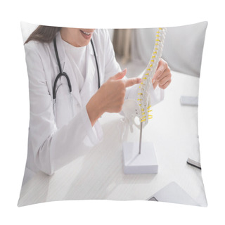 Personality  Cropped View Of Smiling Doctor Pointing At Spinal Model Near Laptop In Clinic  Pillow Covers