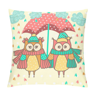Personality  Loving Couple Of Owls With Umbrella In The Rain Pillow Covers