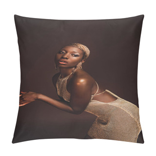 Personality  Fashionable African American Woman Posing In Glamorous Dress Isolated On Brown Pillow Covers