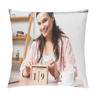 Personality  Selective Focus Of Woman Touching Wooden Cubes With Date Near Cup Of Coffee  Pillow Covers