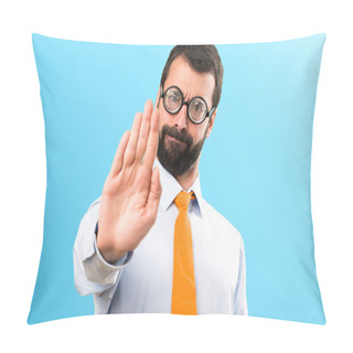 Personality  Funny Man With Glasses Making Stop Sign On Colorful Background Pillow Covers