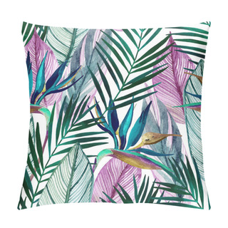 Personality  Watercolor Tropical Seamless Pattern With Bird-of-paradise Flower, Palm Leaves Pillow Covers