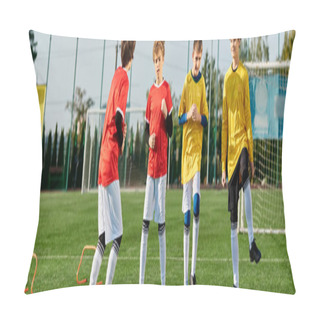 Personality  A Group Of Young Men Stands Triumphantly On Top Of A Lush Green Soccer Field, Basking In The Glory Of Their Victory. The Players Are Filled With Joy And Camaraderie As They Celebrate Their Teamwork And Success. Pillow Covers