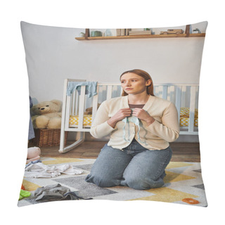 Personality  Despondent Woman With Baby Clothes Sitting On Floor Near Crib And Toys In Nursery Room At Home Pillow Covers