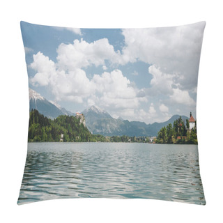 Personality  Beautiful Landscape With Calm Mountain Lake, Peaks And Buildings, Bled, Slovenia Pillow Covers