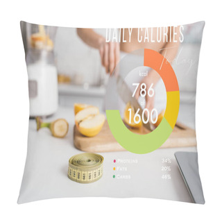 Personality  Selective Focus Of Measuring Tape And Scales Near Fit Girl Cutting Fresh Fruits For Smoothie On Kitchen Table, Daily Calories Illustration Pillow Covers