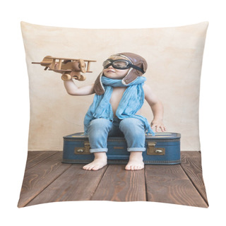 Personality  Happy Child Playing With Vintage Wooden Airplane. Kid Having Fun At Home. Imagination And Freedom Concept Pillow Covers