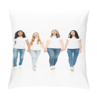 Personality  Happy Multicultural Women In Denim Jeans Walking And Holding Hands Isolated On White  Pillow Covers
