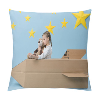 Personality Kid Holding Teddy Bear While Playing With Cardboard Rocket On Blue Starry Background Pillow Covers