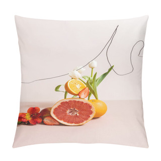 Personality  Floral And Fruit Composition With Tulips, Red Alstroemeria, Summer Fruits Isolated On Beige Pillow Covers