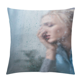 Personality  Selective Focus Of Sad Woman Covering Face With Hand Through Window With Raindrops And Copy Space Pillow Covers