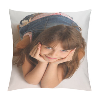 Personality  Portrait Of A Beautiful Girl In A Denim Shorts Is Resting On The Floor. Pretty Attractive Child With A Lovely Smiling Face. The Young Schoolgirl Is 9 Years Old. Pillow Covers