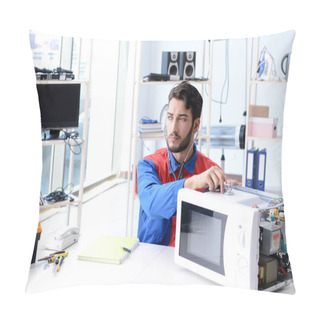 Personality  Young Repairman Fixing And Repairing Microwave Oven Pillow Covers