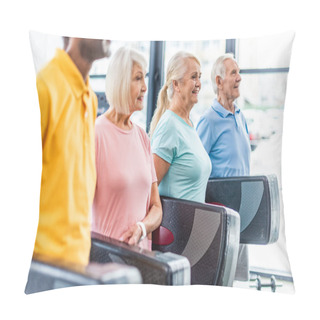 Personality  Selective Focus Of Senior Athletes Holding Step Platforms At Gym Pillow Covers