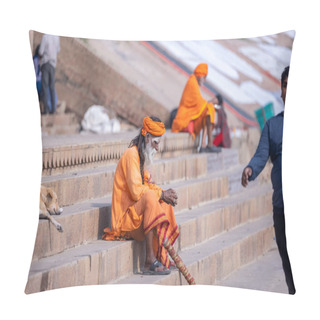 Personality  Varanasi, Uttar Pradesh, India - November 2022: Portrait Of Unidentified Indian Sadhu Baba On Ghat Near River Ganges In Varanasi City At Sunrise. Pillow Covers