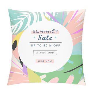 Personality  Tropical Collage Sale Banner In Hawaiian Style With Toucan Bird And Exotic Floral Decoration Elements. Colorful Summer Background For Advertising Made In Vector Pillow Covers