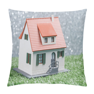 Personality  Picture Of Toy House On Green Grass At Gray Background With Spots Pillow Covers