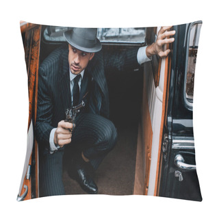 Personality  Gangster Sitting In Ambush With Revolver And Looking Away In Retro Car  Pillow Covers