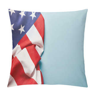Personality  Top View Of Crumpled American Flag On Blue Background With Copy Space Pillow Covers