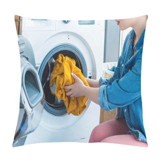 Personality  Cropped Shot Of Young Woman Putting Laundry Into Washing Machine Pillow Covers