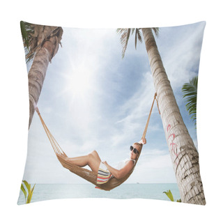 Personality  View Of Nice Young Lady Swinging  In Hummock On Tropical Beach Pillow Covers